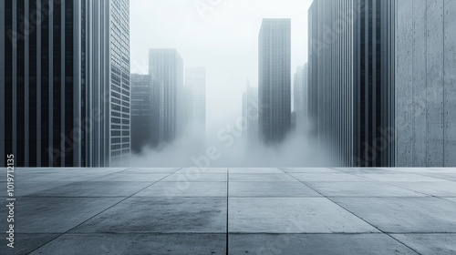 A foggy skyline of skyscrapers with a vast open concrete area in the foreground. Concept of urbanization and modern city architecture.
