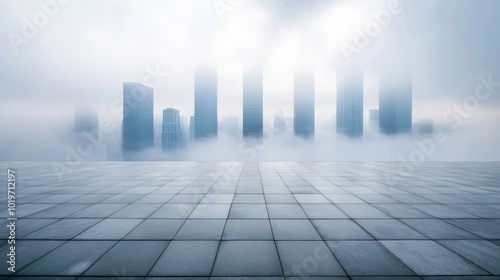 A foggy skyline of skyscrapers with a vast open concrete area in the foreground. Concept of urbanization and modern city architecture.