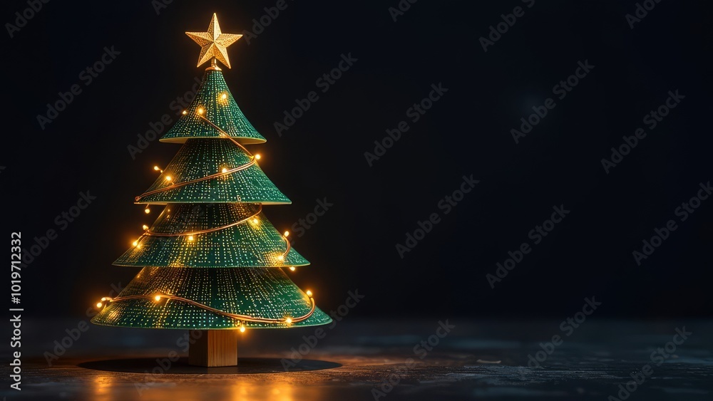 IT Christmas tree made of microcircuits, boards and wires over black background. Technology banner with copy space. Greeting card for sysadmin or engineer for Xmas and New Year holidays celebration. IT Christmas tree made of microcircuits, boards and wires over black background. Technology banner with copy space. Greeting card for sysadmin or engineer for Xmas and New Year holidays celebration.