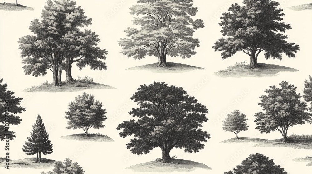 Fototapeta premium Monochromatic Illustration of Various Trees on White Background
