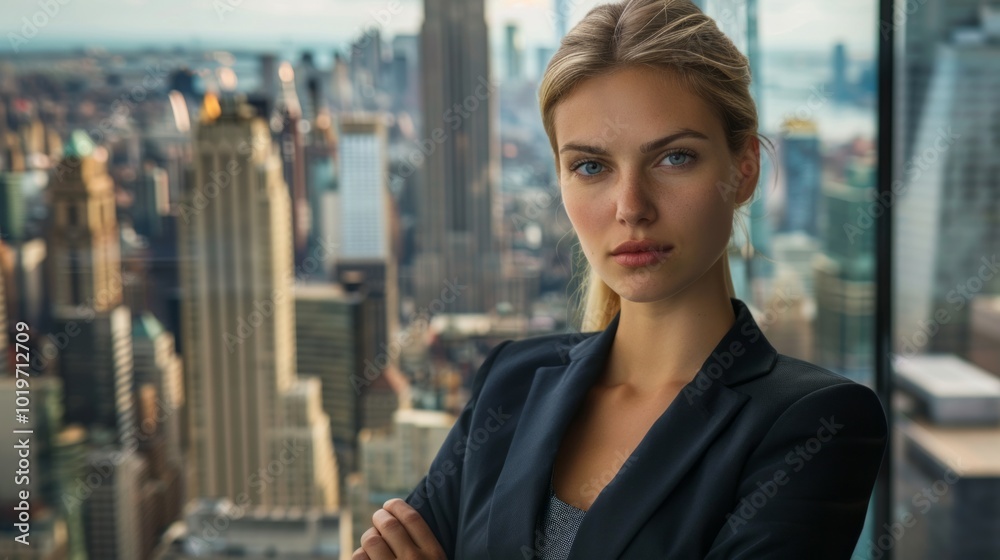 Fototapeta premium Photo of a confident woman in a powerful pose. A woman in business attire stands confidently with her arms crossed and looks out over a bustling city view. Her gaze is focused and her pose exudes powe