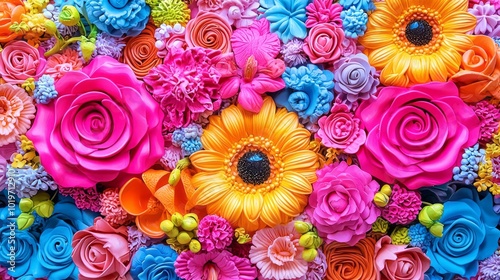 Colorful artificial flower bouquet featuring vibrant roses, sunflowers, and various floral designs. This arrangement brings cheerful and lively atmosphere to any space