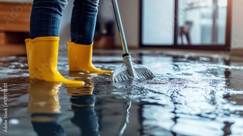 A person in rubber boots mopping a flooded floor, symbolizing disaster recovery, water damage restoration, and cleaning maintenance.