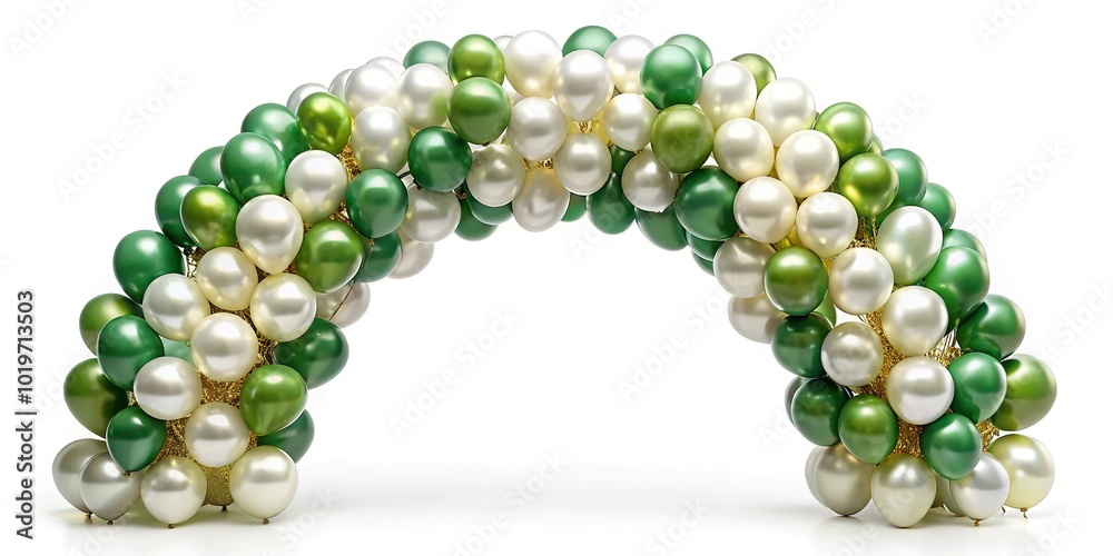 Asymmetrical arch of white gold and green balloons on white background Asymmetrical arch of white gold and green balloons on white background