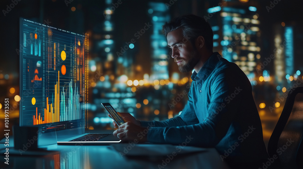 Businessman using a laptop and mobile phone with an infographic data icon collage in the office background, a digital marketing concept Businessman using a laptop and mobile phone with an infographic data icon collage in the office background, a digital marketing concept