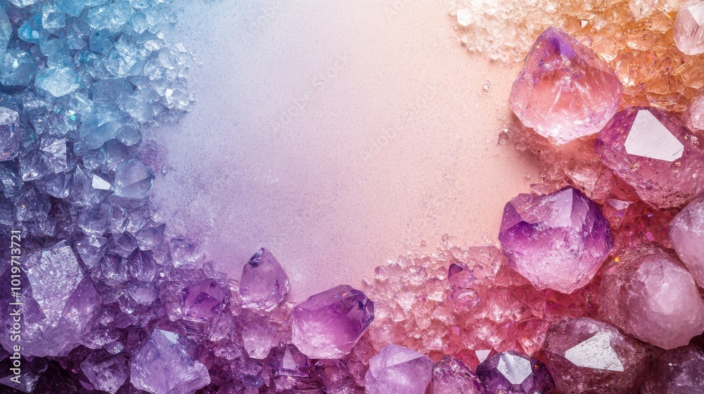 A Rainbow Gradient of Amethyst Crystals Arranged on a Light Pink Background A Rainbow Gradient of Amethyst Crystals Arranged on a Light Pink Background