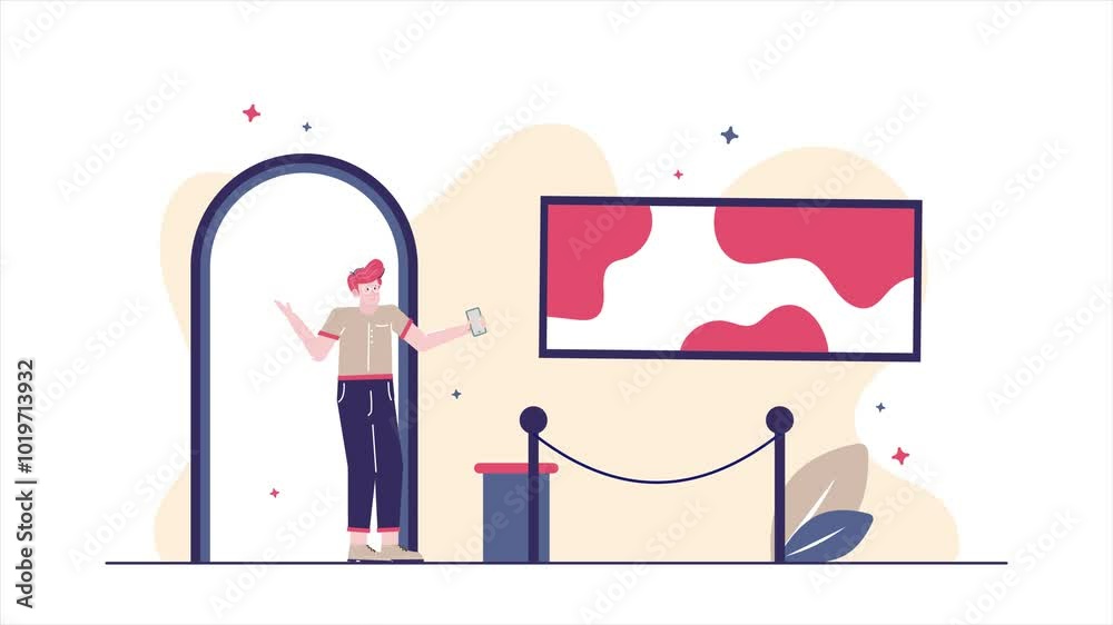 A stylish cartoon character stands confidently in a contemporary art gallery exploring creative spaces animated video A stylish cartoon character stands confidently in a contemporary art gallery exploring creative spaces animated video