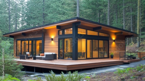 A modern wooden house surrounded by trees, featuring large windows and a deck.