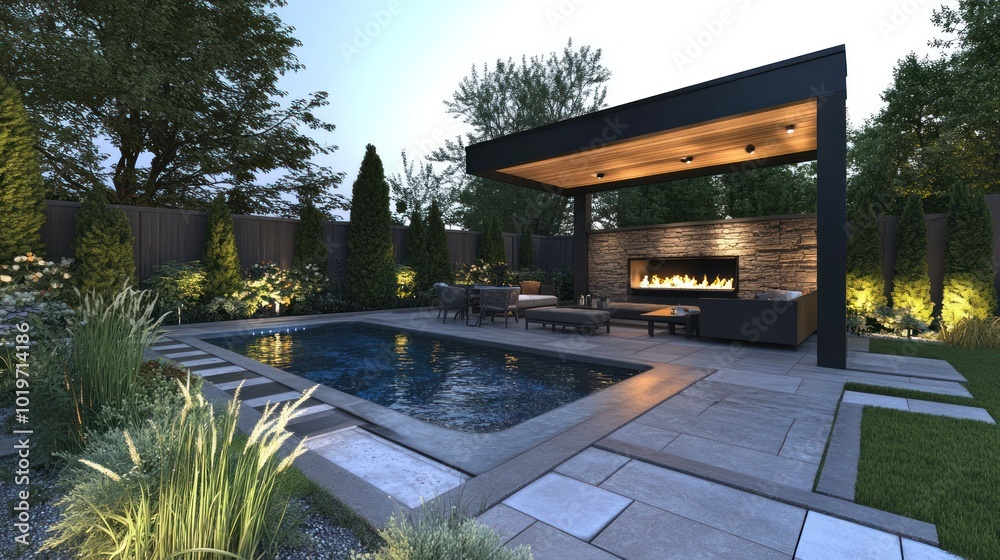 A serene backyard with a pool, lounge area, and fire feature, perfect for relaxation. A serene backyard with a pool, lounge area, and fire feature, perfect for relaxation.