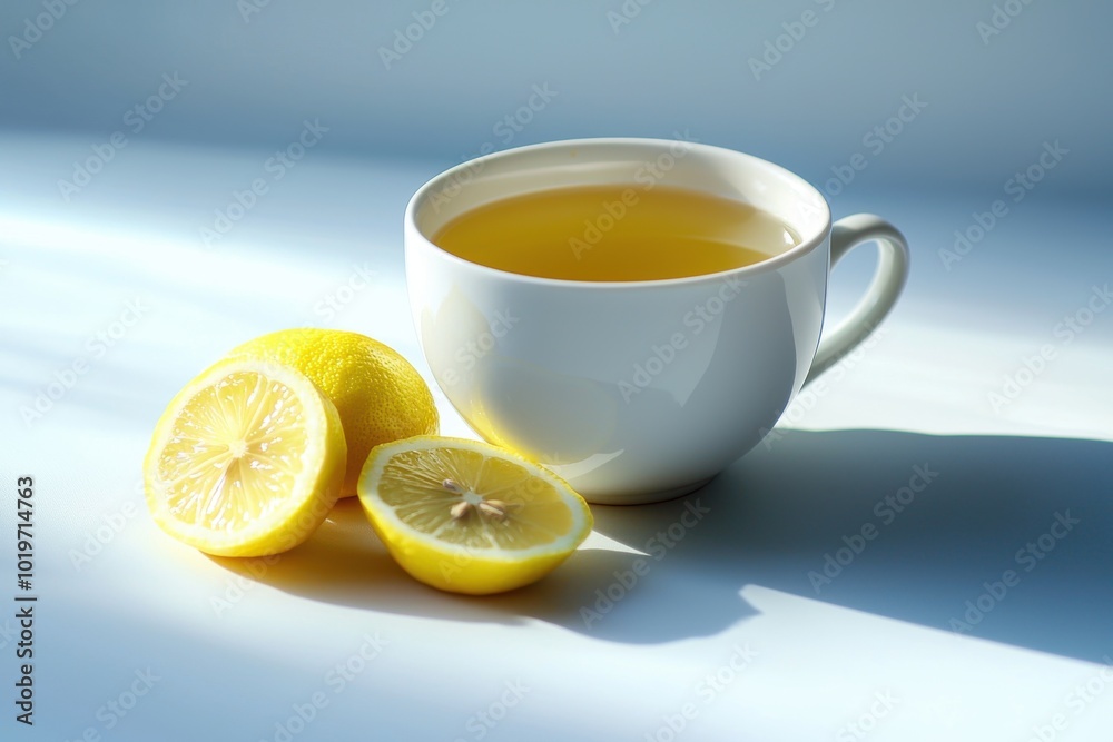 A serene scene featuring a cup of tea alongside fresh lemons, highlighting a refreshing beverage choice. A serene scene featuring a cup of tea alongside fresh lemons, highlighting a refreshing beverage choice.