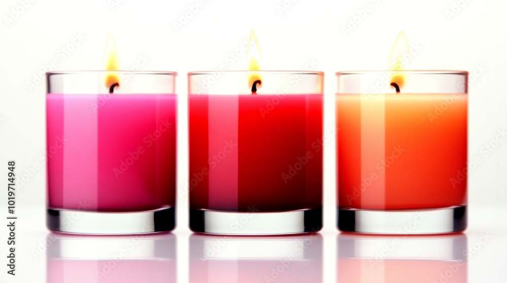 Three burning candles in pink, red, and orange glass jars. Three burning candles in pink, red, and orange glass jars.