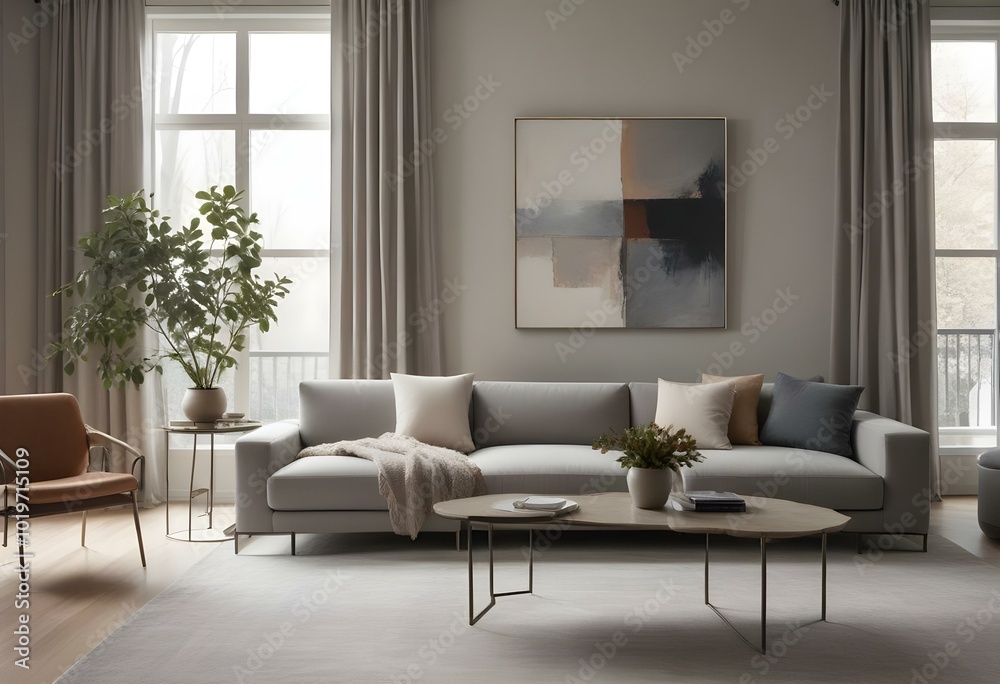 Fototapeta premium A modern and minimalist living room with a gray sectional sofa, a large abstract painting on the wall, and a coffee table with metal frames.
