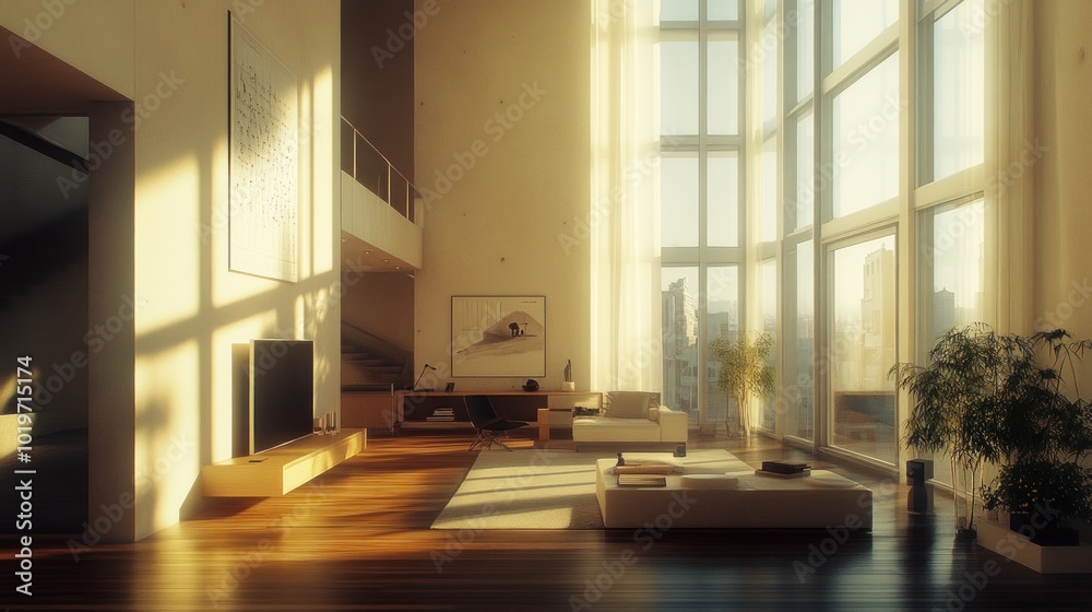 A bright, modern living room with large windows, warm lighting, and minimalist decor. A bright, modern living room with large windows, warm lighting, and minimalist decor.