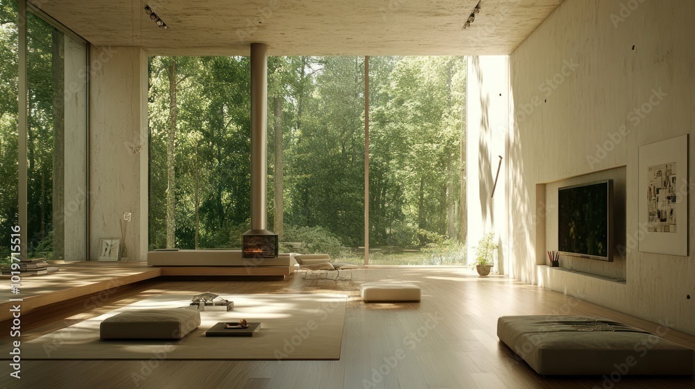 Fototapeta premium A serene modern living space with large windows overlooking a lush forest.