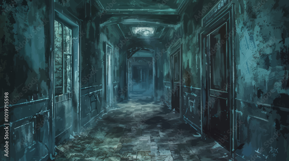 Dark Hallway with Doors and Fog Dark Hallway with Doors and Fog