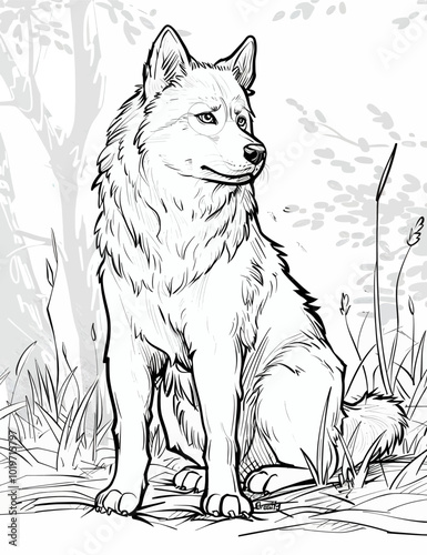 Line Drawing of a Wolf in the Woods 
