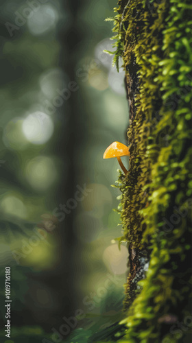 Mushroom on Mossy Tree Trunk 
