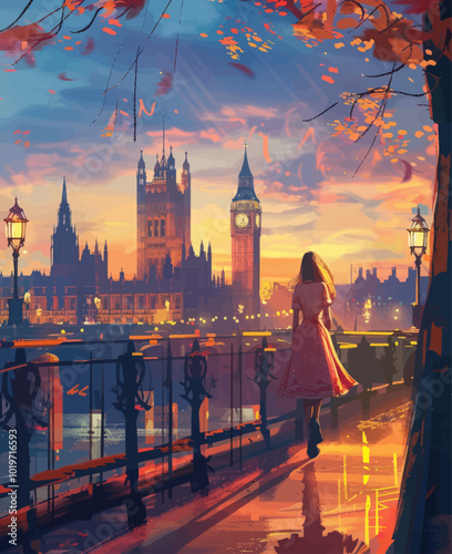 Woman Walking Towards Big Ben at Sunset