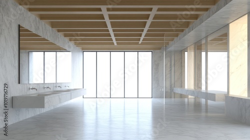 Modern restroom interior with marble finishes and large windows for natural light.