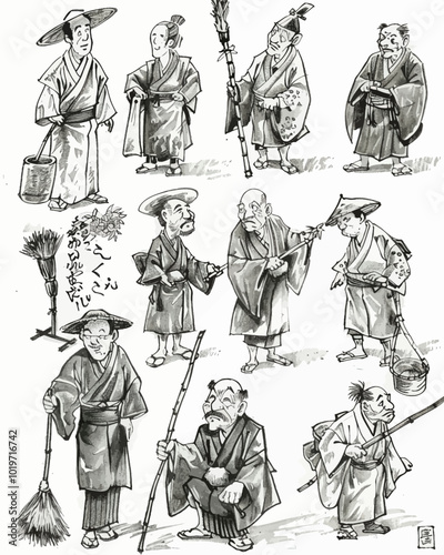 Japanese Men in Traditional Clothing Sketches 
