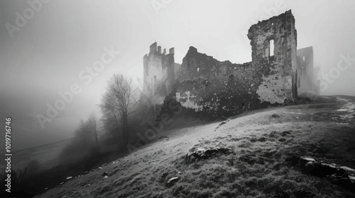 Ruined Castle in Foggy Landscape 
