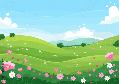 Green hills with pink and white flowers  
