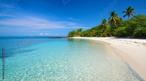 Tranquil tropical beach with palm trees and clear turquoise water.
