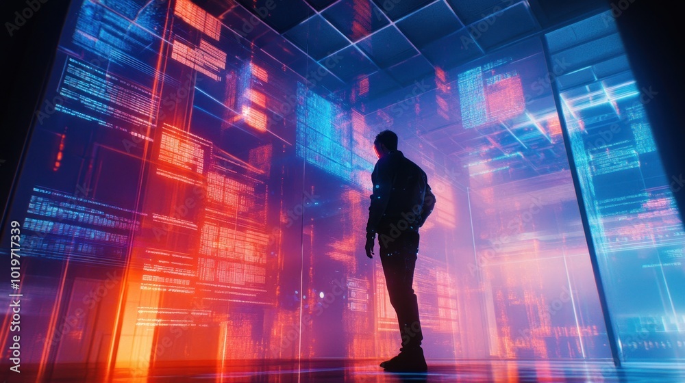 A figure stands in a futuristic, data-filled environment, suggesting technology and exploration. A figure stands in a futuristic, data-filled environment, suggesting technology and exploration.