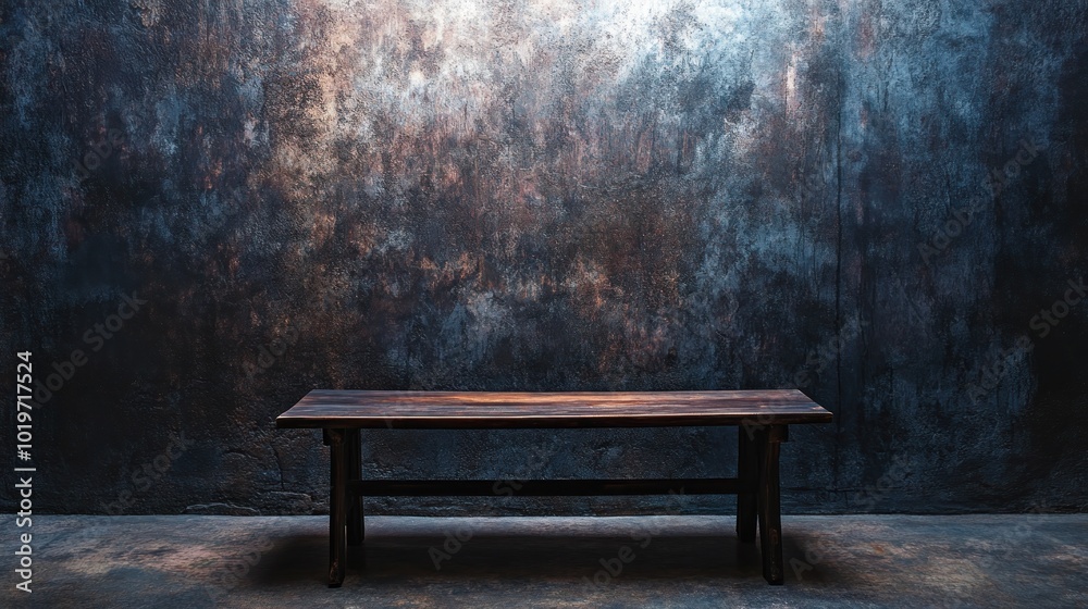 A simple wooden table against a textured dark wall, creating a minimalist backdrop. A simple wooden table against a textured dark wall, creating a minimalist backdrop.