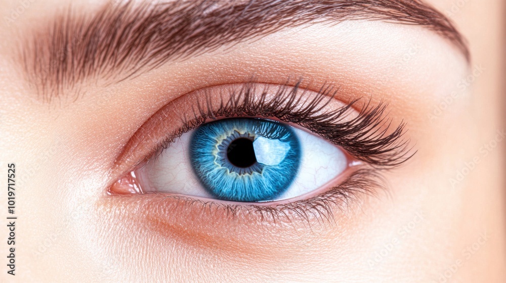 Obraz premium Beautiful blue eye close-up featuring long eyelashes, smooth skin, and perfectly styled eyebrows. Empty space for text, showcasing vision and contact lenses.