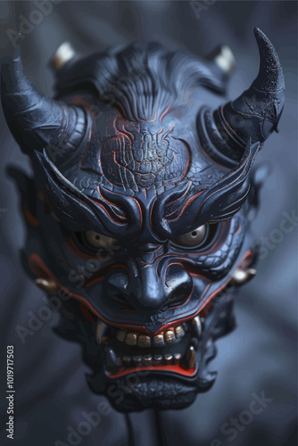 Dark Demon Mask with Red Highlights and Horns