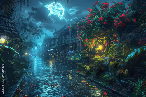 Nighttime Street Scene with Full Moon and Flowers  

