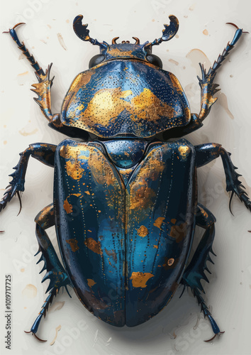 Metallic Blue Beetle with Gold Accents  

