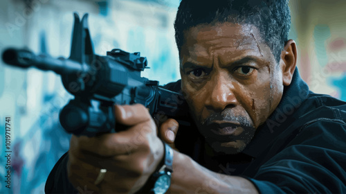 Actor with Gun in Intense Scene