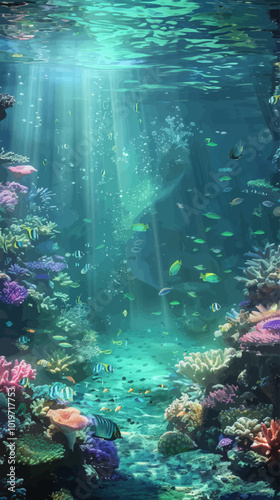 Underwater Coral Reef with Fish and Sunbeams 

