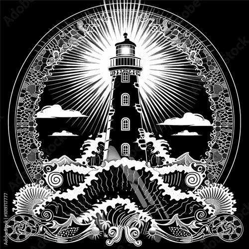 Lighthouse in Stormy Sea, Black and White Illustration 
