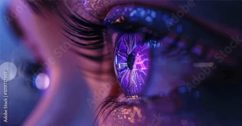 Close-up of Eye with Purple Circuitry Reflection 
