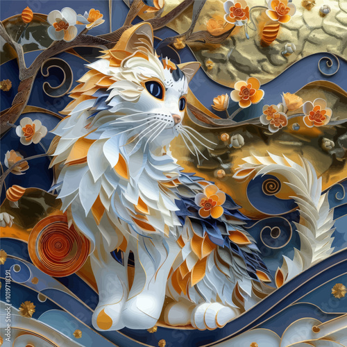 Papercut Cat with Flowers and Gold 
