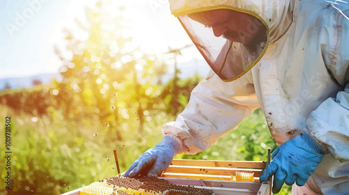 Beekeeper inspecting honeycomb 

