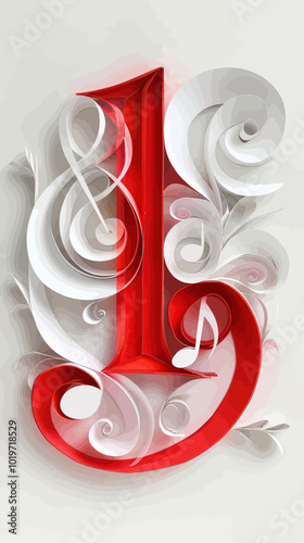 Red and White Paper Quilled Letter I with Music Notes 
