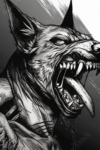 Black and White Wolf Illustration with Fangs Out