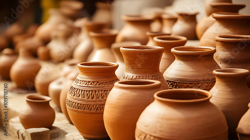 Handcrafted pottery jars displayed in vibrant market setting