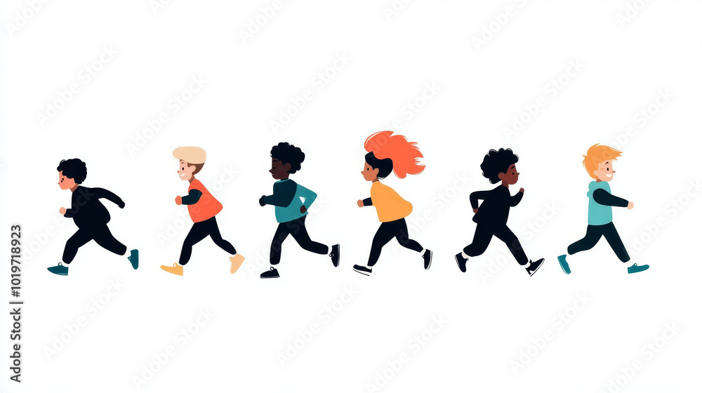 Six kids of different ethnicities run side by side in a race. Six kids of different ethnicities run side by side in a race.