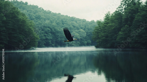 serene eagle soaring over foggy lake in lush forest - nature photography, wildlife, landscape, birds, green, tranquil, water, flight, wilderness, bald eagle photo