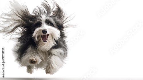 A joyful dog leaps in mid-air, showcasing its playful spirit and energy.