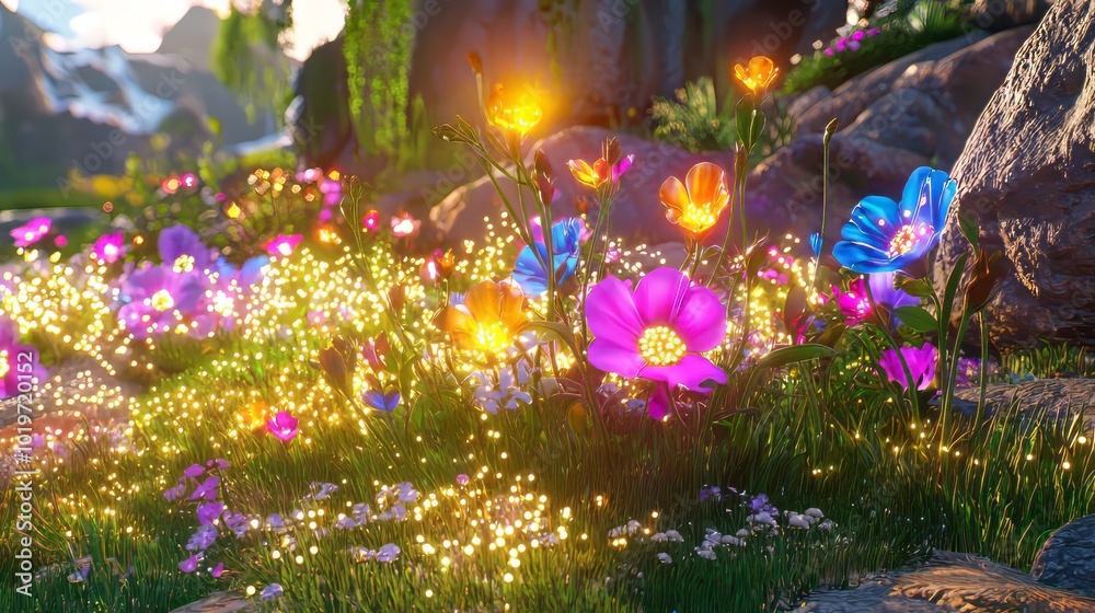 Obraz premium vibrant scene of glowing flowers in lush garden, showcasing colorful blooms and sparkling lights that create magical atmosphere. beauty of nature is captured in this enchanting landscape