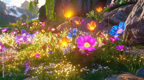 vibrant scene of glowing flowers in lush garden, showcasing colorful blooms and sparkling lights that create magical atmosphere. beauty of nature is captured in this enchanting landscape