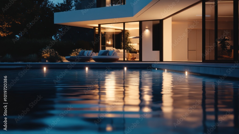 Fototapeta premium A serene evening view of a modern home beside a reflective pool.