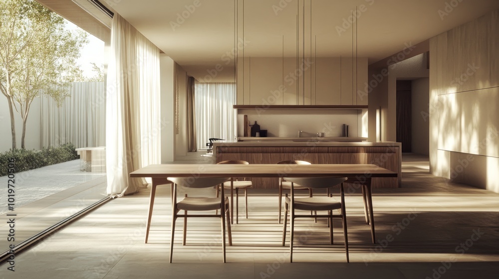 Modern kitchen and dining area with natural light and minimalist design. Modern kitchen and dining area with natural light and minimalist design.