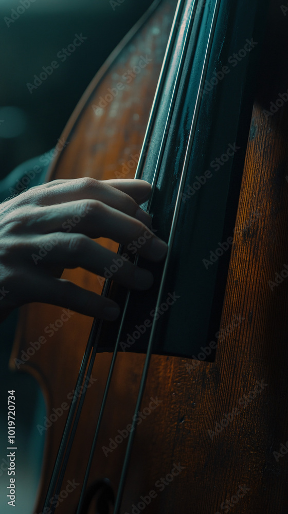 closeup of a hand playing a double bass with blue lighting and deep shadows closeup of a hand playing a double bass with blue lighting and deep shadows